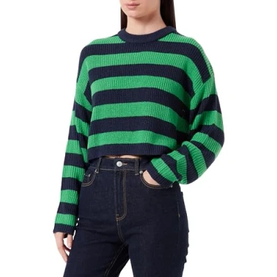 Image of ONLY Women&#039;s Onlmalavi L/S Cropped Jumper KNT Noos Sweater, Navy Blazer/Stripes:Wide/Green Bee, M