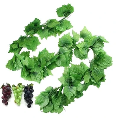 Image of 12 Strands Artificial Fake Grape Vines with 3 Strings Grapes, Hanging Plant Large Leaves Garland for Wedding Party Store Home Decor Indoor Outdoors (Grape and Garlands)