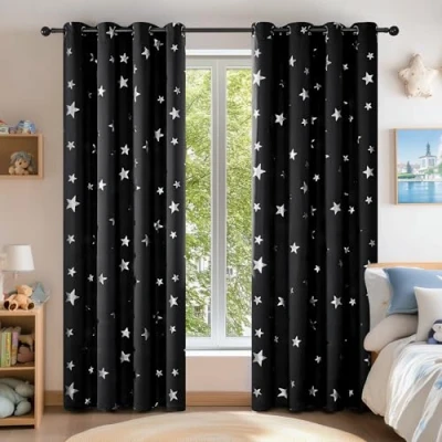 Image of Deconovo Black Curtains Stars Foil Printed Thermal Insulated Eyelet Blackout for Bedroom 46 x 54 Inch 1 Pair