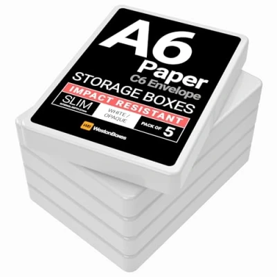 Image of WestonBoxes A6 Slim Plastic Presentation or Storage Boxes for Paper, Photos and Card (Tough White, 5)
