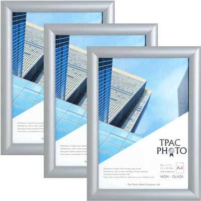 Image of ThePhotoAlbumCo Snap A4 (21x30cm) Silver Frame Pack of 3 Acrylic (Non Glass) Front TPAC SNAPA4S 3PK