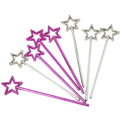 Image of Silver &amp; Pink Mini Plastic Star Wands (24cm) 8 Count Perfect for Magical Celebrations