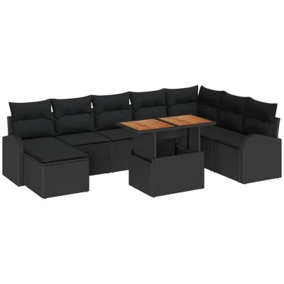 Image of vidaXL 9 Piece Garden Dining Set with Cushions Black Poly Rattan Acacia