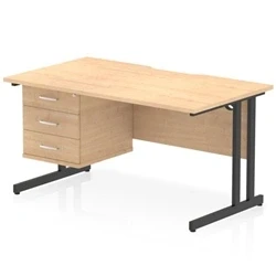 Image of Impulse 1400 x 800mm Scalloped Edge Straight Office Desk Maple Top Black Cantilever Leg Workstation 1 3 Drawer Fixed Pedestal