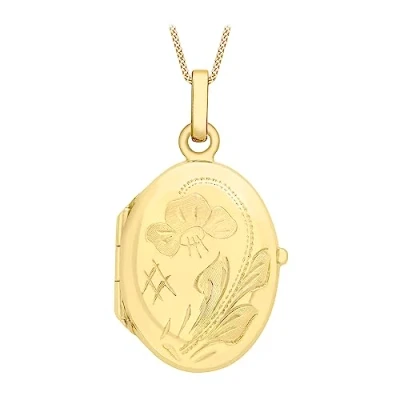 Image of Carissima Gold Women&#039;s 9 ct Yellow Oval Flower and Leaf Locket Pendant on Curb Chain Necklace of 46 cm/18 inch