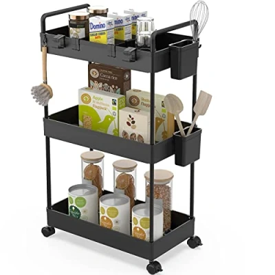 Image of Ronlap Slim Storage Trolley, 3 Tier Rolling Cart Organizer, Utility with Handle Hanging Cups Dividers for Office Bathroom Kitchen Laundry Room Narrow Places, Black