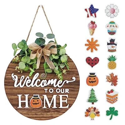 Image of Interchangeable Seasonal Welcome Sign Front Door Decoration, Rustic Round Wood Wreaths Wall Hanging Outdoor, Farmhouse, Porch, for Spring Summer Fall All Seasons Holiday Halloween Christmas.