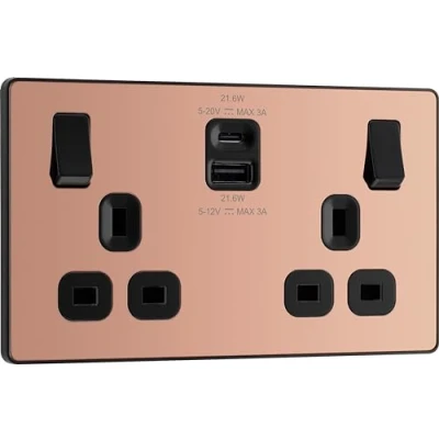 Image of BG Electrical Double Switched Power Wall Plug Socket with Fast Charge Type A and C USB Charging Ports, Evolve, Polished Copper, 13A, 22W, PCDCP22UAC22B