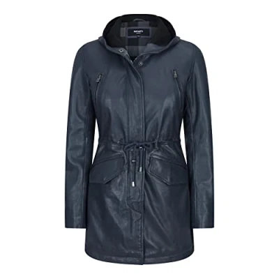 Image of TruClothing Womens Real Leather Peacoat Hooded Parka Jacket Navy Blue Brown Tailored Fit 3/4 Long S