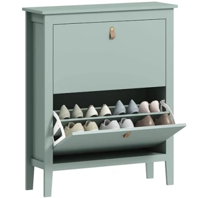 Image of HOMCOM 2 Drawer Shoe Cabinet with Flip Doors, Narrow Storage Removable and Adjustable Shelves, 14 Pairs Footwear Cupboard for Hallway, Entryway, 80 x 24 95.5 cm, Green