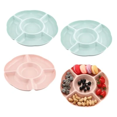 Image of Chstarina 4 Snack Plates with Compartments, Plastic Fruit Plate, Bowl, Reusable, 2 Colours for Nuts, Snack, Desserts, Sweets, Family Dining Room