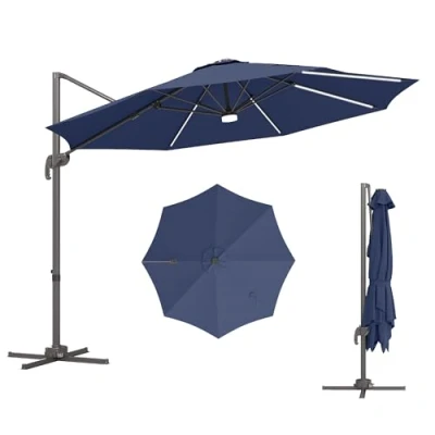 Image of Outsunny 3(m) Cantilever Roma Parasol Garden Sun Umbrella Outdoor Patio with Crank &amp; Tilt Aluminium Frame LED Solar Light Cross Base 360 Rotating, Blue