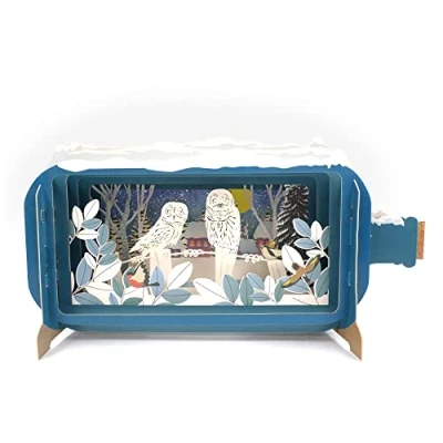 Image of Message In A Bottle Snowy Barn Owls Pop Up Christmas Card By Alljoy Cards XMIB060