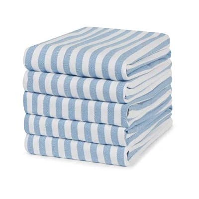 Image of 100% Cotton Tea Towel Blue Striped Pattern, Pack of 5 Stripe Kitchen Set Absorbent, Strong, Quick Dry &amp; Machine Washable For Home Decor Bathroom Accessories