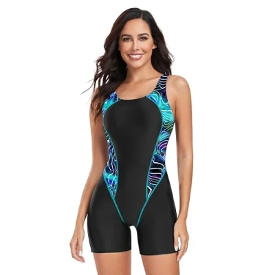 Image of BEACHKINI Swimwear Women&#039;s Boyleg One Piece Swimsuit Sports Swimming Open Back Competitive Bathing Suit,Lake Blue,UK 10