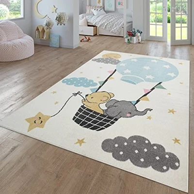 Image of TT Home Nursery Area Rug Kids For Bedroom Girls Boys Modern Rainbow Cloud Animal Motif Colourful, colour: Cream, Size:133x190 cm