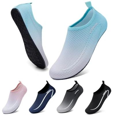 Image of Swim Water Shoes Aqua Socks Barefoot for Sea Beach Swimming Pool Ladies Women Mens Line Blue Gray 9/10 UK