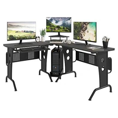 Image of HOMCOM L Shaped Corner Desk, Gaming Desk with CPU Rack, Keyboard Tray, Space Saving Computer Steel Frame for Home Office,165 x 145 86.5cm, Black
