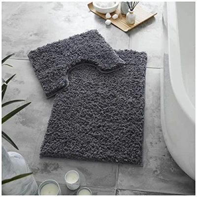 Image of GC GAVENO CAVAILIA Bath Mat Non Slip 2 Piece Extra Soft Quick Dry Bathroom Super Water Absorbent Toilet Rug Washable Rugs &amp; Mats Charcoal