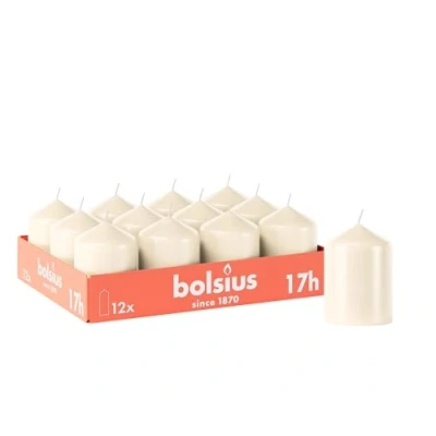 Image of Bolsius Smooth Pillar Candles Ivory Pack of 12 8 x 6 cm Decorative Household Burn Time 17 Hours Unscented Contains Natural Plant Wax Without Palm Oil