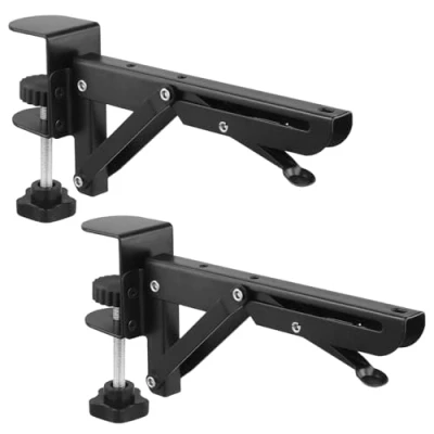 Image of QWORK® 2 Pack Folding Shelf Bracket with Table Mount Clip, Desk Extender 19cm / 7.5 Inch Load up to 220lbs