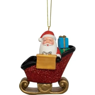 Image of Personalised Santa in a Sleigh with Blue Presents Hanging Christmas Decoration Ornament Bauble engraved name