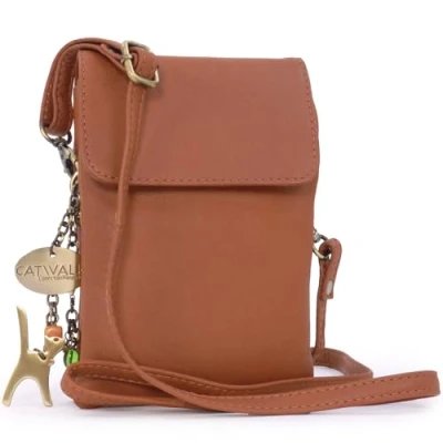 Image of Catwalk Collection Handbags Leather Phone Bag For Women Small Flapover Crossbody Adjustable Strap BILLIE Tan