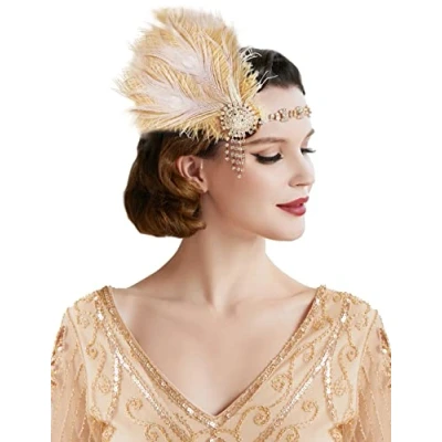 Image of BABEYOND 1920s Feather Headband Peacock Headpiece Crystal Vintage Flapper Great Gatsby Costume Accessories Roaring 20&#039;s (Gold)