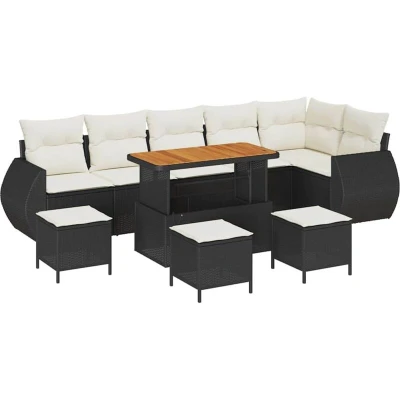 Image of vidaXL 10 Piece Garden Sofa Set with Cushions Black Poly Rattan Acacia