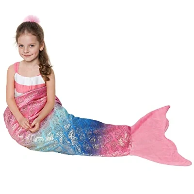 Image of Catalonia Classy Glitter Mermaid Tail Blanket, Soft Warm Plush Fleece Sleeping Bag Snuggle Blanket for Teens 155 x 48 cm Rainbow Ombre, Fish Scale Pattern