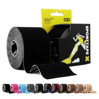Image of SPORTTAPE Kinesiology Tape 5cm x 5m Roll Black Physio &amp; Sports Injury Muscle for Shoulder, Knee, Ankle, Shin Splints, Joint Body Support Waterproof Hypoallergenic Kinetic