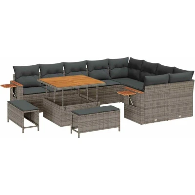 Image of vidaXL 12 Piece Garden Sofa Set with Cushions Grey Poly Rattan Acacia