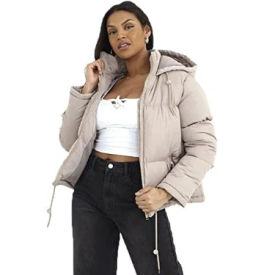 Image of BRAVE SOUL Ladies Cello Padded Short Length Hooded Jacket with Funnel Neck (12, Stone)
