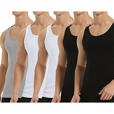 Image of Falechay Mens Vest Tops Muscle 5 Pack 100% Cotton Tank Slim Fit Plain Colored Undershirt Black White Grey 5XL