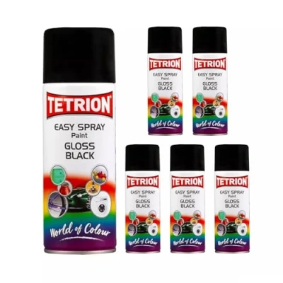 Image of Tetrion Easy Spray Gloss Black Paint 400 ML, Pack of 6 Multipurpose Quick Drying Acrylic Aerosol for Metal, Wood &amp; Plastic