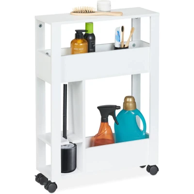 Image of Relaxdays Slim Rolling Cart, 3 Shelves &amp; Toilet Brush Holder, 71.5 x 17 50 cm, Storage for Bathroom and Kitchen, White, Fibreboard, Plastic