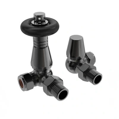 Image of NRG Traditional Corner Central Heating Radiator Valve 15mm Thermostatic Lockshield Valves Black Nickel