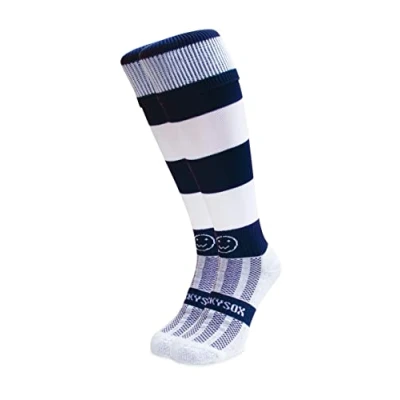 Image of WackySox Navy Blue and White Hoop Rugby Socks, Sports Socks for Men Women, Mens Work Perfect Riding, Football, Running, Hockey other Activities
