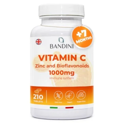 Image of Bandini® Vitamin C 1000mg + Zinc Bioflavonoids 1 Tablet per Day Supports Immune System &amp; Reduces Fatigue Skin, Bones, Nails, Hair High Strength Supplement with Pure Vit 210 Vegan Tablets