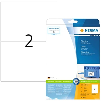 Image of HERMA Self Adhesive Shipping Labels, 2 Labels per A4 Sheet, 10 Sheets, 210 x 148 mm, 20 Blank Parcel Stickers, Sticky for Laser &amp; Inkjet Printer, White