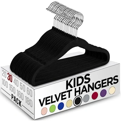 Image of Utopia Home Kids Hangers Velvet (Pack of 30) Non Slip Children Hangers, Ultra Slim Space Saving Baby Infant and Toddler Sturdy &amp; Durable Clothes (Black)