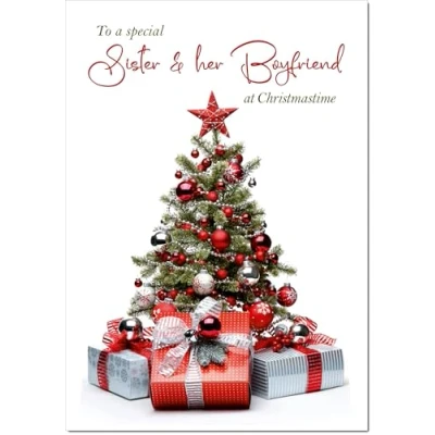 Image of doodlecards Sister and Boyfriend Christmas Card Tree Parcels Medium Size for &amp; with Plain Envelope