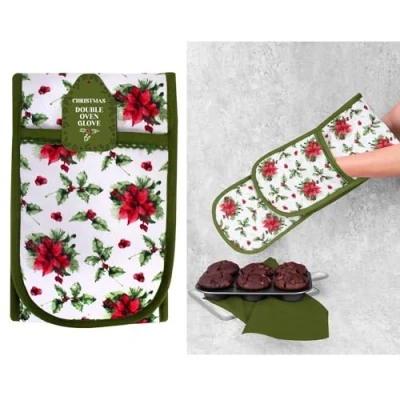 Image of RSW Oven Glove Christmas Holly Design 100% Cotton Double Pocket and Pot Holder