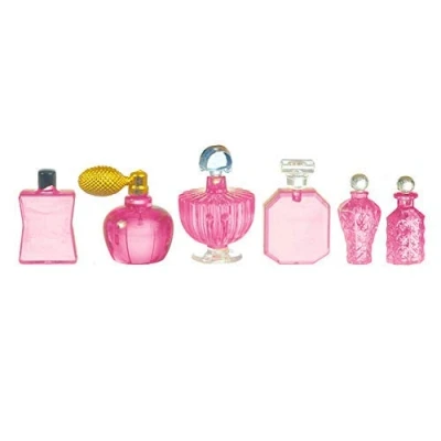 Image of Melody Jane Dolls House Pink Perfume Bottles 6 Assorted Shop Bathroom Bedroom Accessory