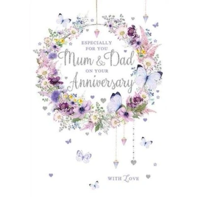 Image of Pizazz Stunning Artistic Anniversary Card From the Range Mum and Dad Wreath of Flowers Charms Exquisite Foil Flitter Finish Greeting for Both You (NQ DS610)