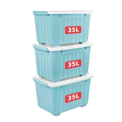 Image of Cetomo 35L*3 Aufbewahrungsboxen mit Deckeln, Kunststoff Aufbewahrungsbox Rollen und Clips, Kunststoffbox für Zuhause Büro, BPA frei, Nestbar, Stapelbar, Blau, 35L 3er Pack