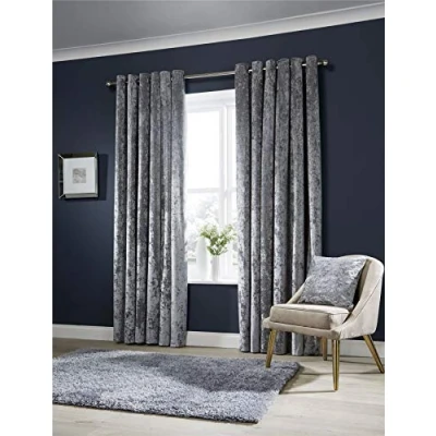 Image of Olivia Rocco Crushed Velvet Curtains, Fully Lined Ring Top Eyelet Curtain Pair, 66&quot; (Width) x 54&quot; (Drop), Silver