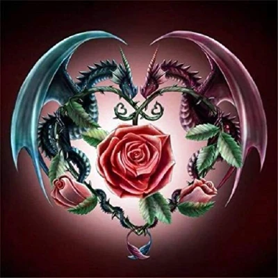 Image of Abillyn Embroidery Cross Stitch Kits Red and Blue Dragon Lovers, Rose Heart Stamped with Printed Pattern Starter Kit (Dragon)