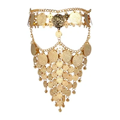 Image of FRCOLOR Belly Dance Face Veil Head Chain Coin Jewelry Indian Masquerade Cover for Party (Golden)