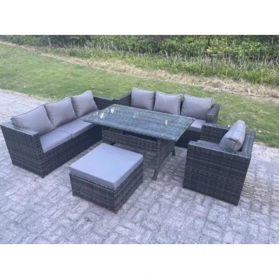 Image of 8 Seater Outdoor Lounge Sofa Garden Furniture Set Patio Rattan Rectangular Dining Table Chair with Big Footstool Dark Grey Mixed Fimous